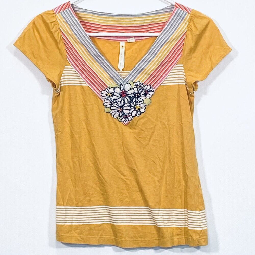 Anthropologie Little Yellow Button Top Size XS Yellow Cap Sleeves Embroidered